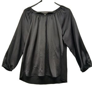Ann Taylor Satin Rayon Mixed Material Black Women's Scoopneck Blouse Top Medium